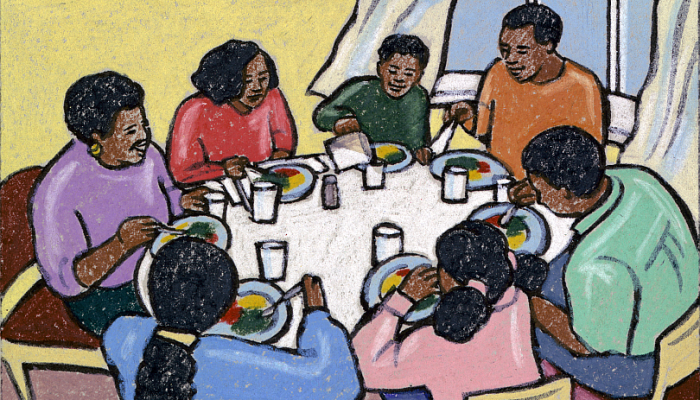 Illustration of family at dinner time